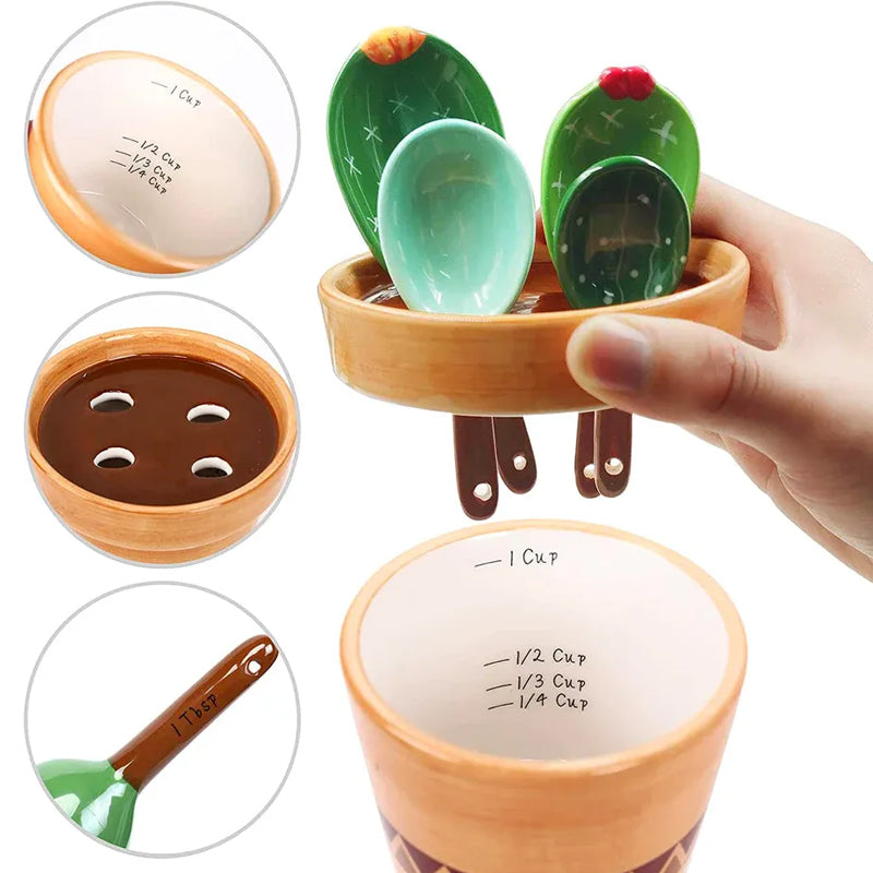 Prikete Kaktus Målesett, Keramiske Måleskjeer og Kopper | Luvikno