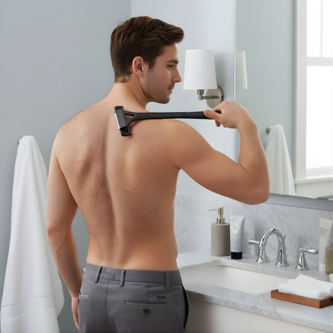 Ekstra-lang håndtak rekkevidde – Skarpe rustfrie blader – Jevn smertefri barbering – Uanstrengt DIY grooming for menn Luvikno