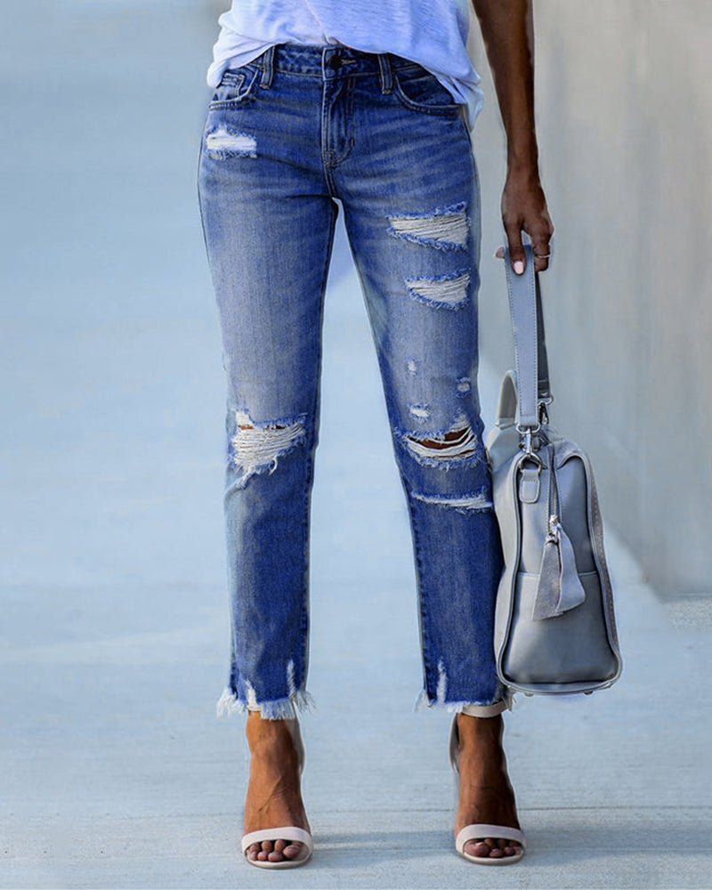 Luvik | Kvinner Rutete Hullet Jeans Denim
