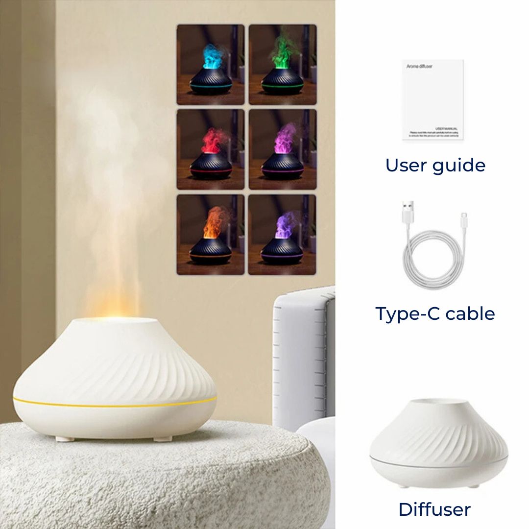 FlameGlow Luftfukter Aromaterapi Diffuser | Tilfører Fuktighet - Lindrer Tørr Luft - Hjelper med å Slappe Av - Stille Diffuser for Hjem eller Kontor Luvikno