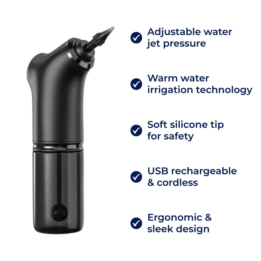 AquaCleanse | Elektrisk Ørevoksfjerner – Justerbart Vannspray – Silikontipp – Varm Irrigasjon for Familier Luvikno