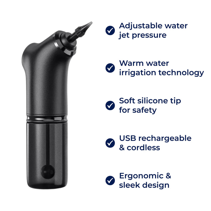 AquaCleanse | Elektrisk Ørevoksfjerner – Justerbart Vannspray – Silikontipp – Varm Irrigasjon for Familier Luvikno