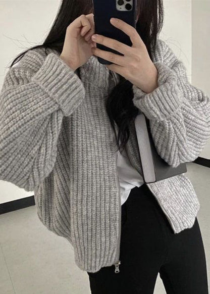 Luvik | Vetoketju Paksu Neulecardigan - Ylisuuri Ribattu Takki