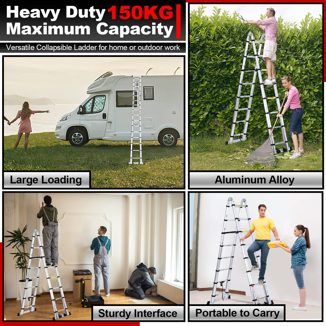 5M Aluminium Teleskopstiger Foldestiger med Hjul og Triangel Stabiliserer | Luvikno
