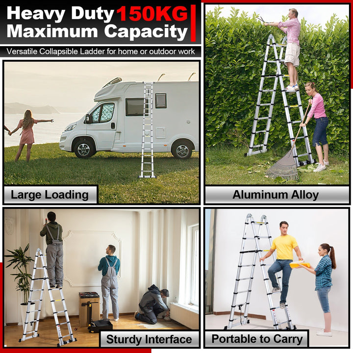 5M Aluminium Teleskopstiger Foldestiger med Hjul og Triangel Stabiliserer | Luvikno