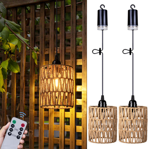 Luvikno | All Fortune Batteridrevet Kandelaber, Batterihengende Pendellampe, Rattanlampa med Varm Hvit Pære, 4*AA Batteridrevet, For Gazebo Pergola Veranda Patio Utendørs Innendørs Dekor (2)