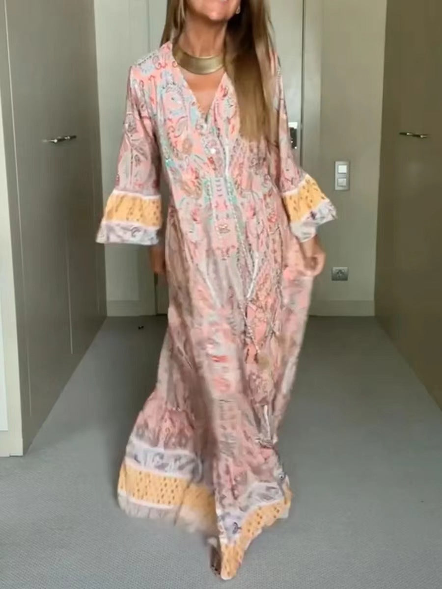 Luvik | Vintage Print Ranskalainen Tyylinen Pitkähihaineen Hieman Irtonainen Mekko