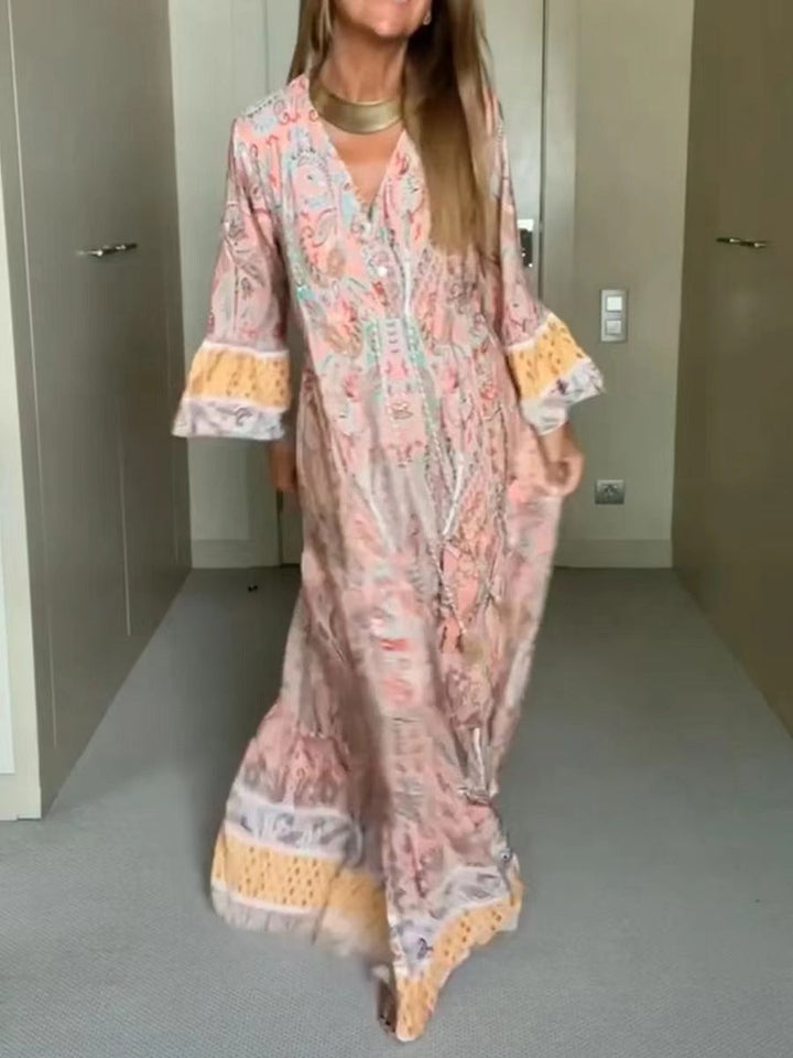 Luvik | Vintage Print Ranskalainen Tyylinen Pitkähihaineen Hieman Irtonainen Mekko