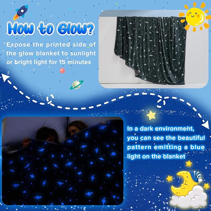 Glow-in-the-Dark Kjøleteppe For Barn– Q-Max > 0.5, Dobbeltsidig Farge Svart | Luvikno