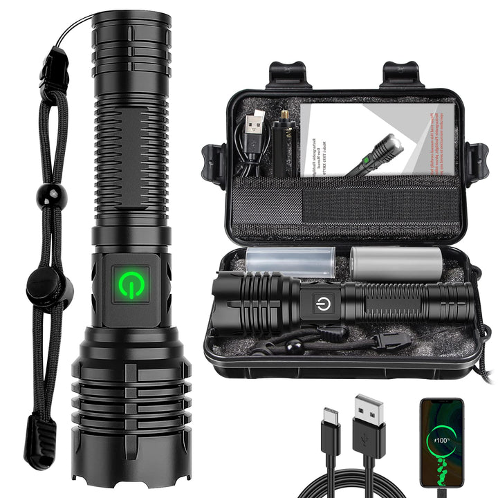 Luvikno | Banral 100000 lumen oppladbart lommelampe, Ipx6 vanntett, 5 moduser, zoombar, aluminium