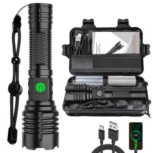 Luvikno | Banral 100000 lumen oppladbart lommelampe, Ipx6 vanntett, 5 moduser, zoombar, aluminium