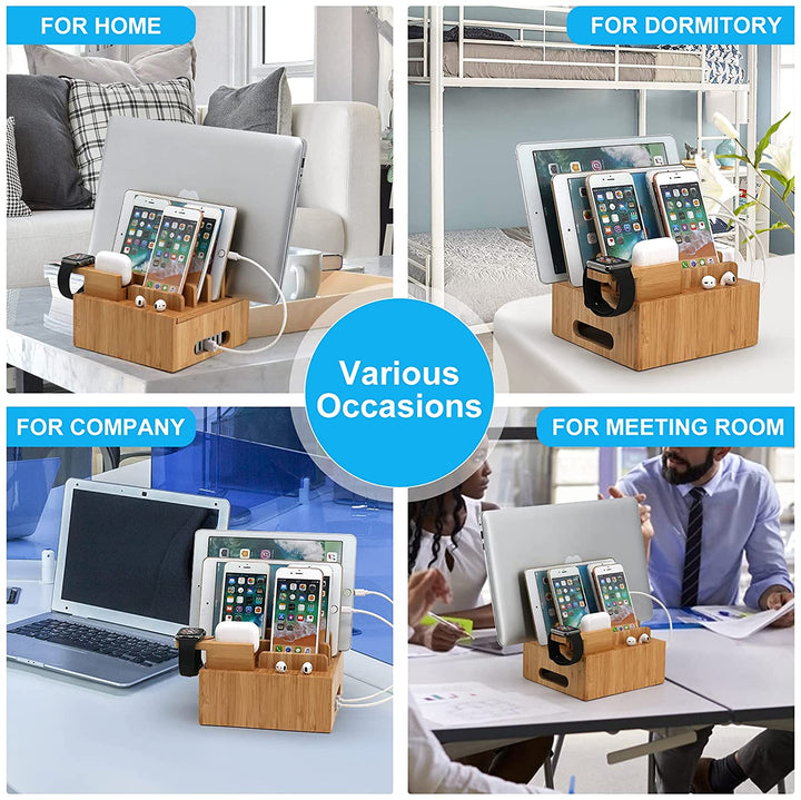 Luvikno | Tekavo ChargeDock LadeStasjon laget av Bambus | 5-Port USB & Organizer | For Smarttelefon, Nettbrett & Smartklokke | Inkl. Kabelsett
