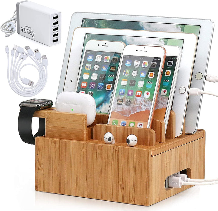 Luvikno | Tekavo ChargeDock LadeStasjon laget av Bambus | 5-Port USB & Organizer | For Smarttelefon, Nettbrett & Smartklokke | Inkl. Kabelsett