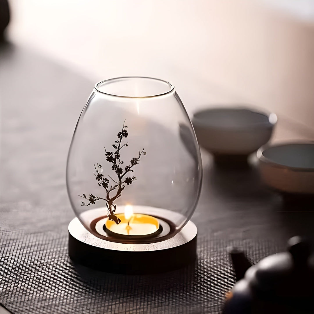 2-delt sett glasskandelholdere med tresokkel - dekorativ i retro zen-stil | perfekt for stue, borddekorasjon og utendørs | Luvikno