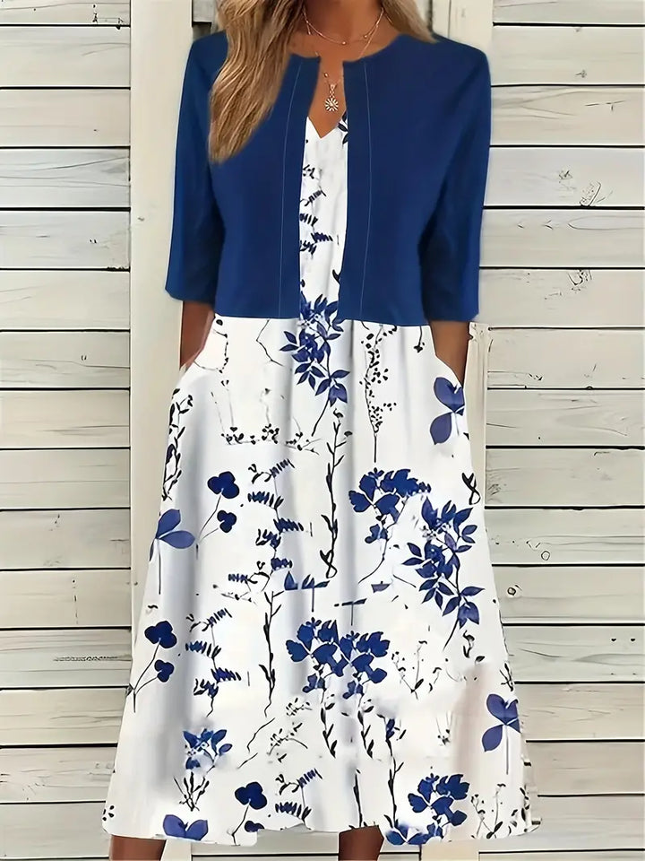 Luvik | tyylikäs kahden osan kukkamekko setti, jossa on yksivärinen crop-top ja pyöreä kauluskangas mekko