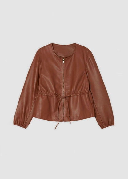 Luvik | Konjakki Keinonahkainen Vetoketjula takki, jossa Nyörivyöt