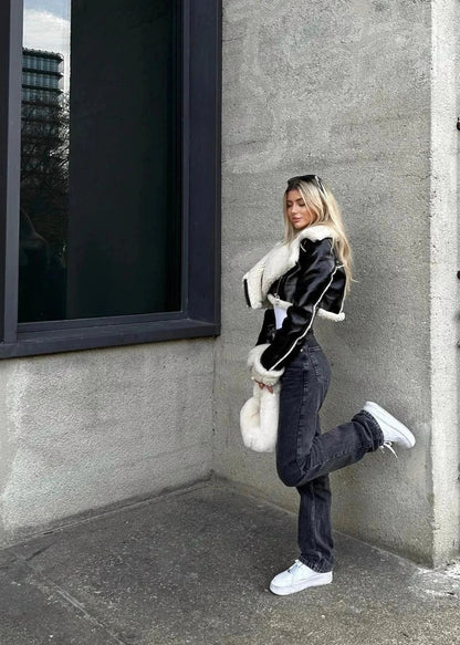 Luvik | Sherpa Trim Nahkatakki - Lyhyt vetoketjutyylinen