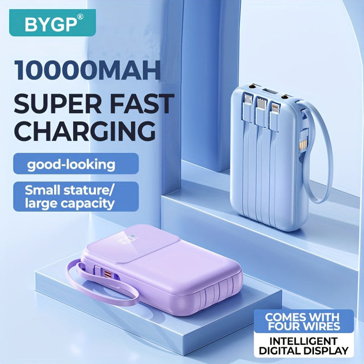 Luvikno | 10000mAh Portable Power Bank with Fast Charging and Built-in Cables – Compact Phone Charger with LED Display