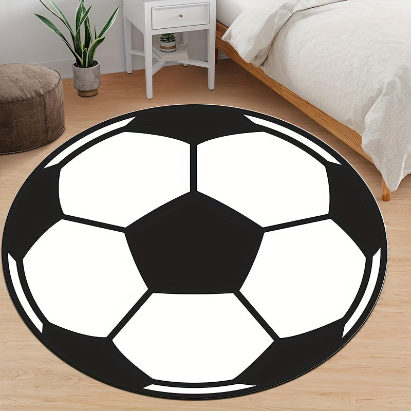 Rund fotballteppe med halkefri bakgrunn – Sporty teppe for barnerom og stue | Luvikno