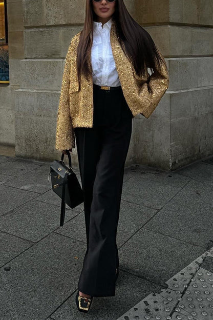 Luvik | Pystykauluksen vetoketjulla varustettu taskujakku, jossa on paljetteja