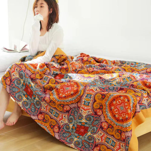 Sunrise Boho Vendbar Teppe, 100% Bomull Kjølende Quilt | Luvikno