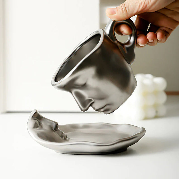 Metall Berørende Ansikt Kreativ Keramikk Kyss Kaffe Kopp, Kunstnerisk Stemning Mugge & Underkop Sett | Luvikno