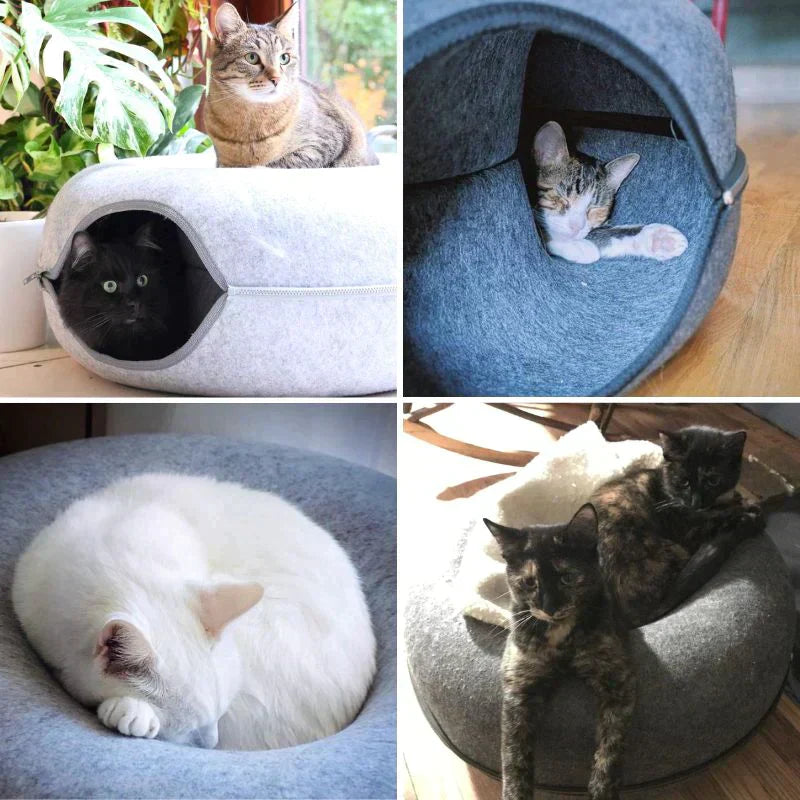 Luvikno | Cozy Donut Katt Seng – Plysjmateriale, Aktivitetsbunn, 20-tommers Diameter, Ideell for Avslapning og Lek
