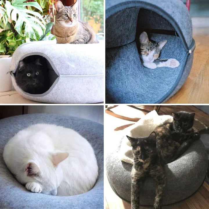 Luvikno | Cozy Donut Katt Seng – Plysjmateriale, Aktivitetsbunn, 20-tommers Diameter, Ideell for Avslapning og Lek