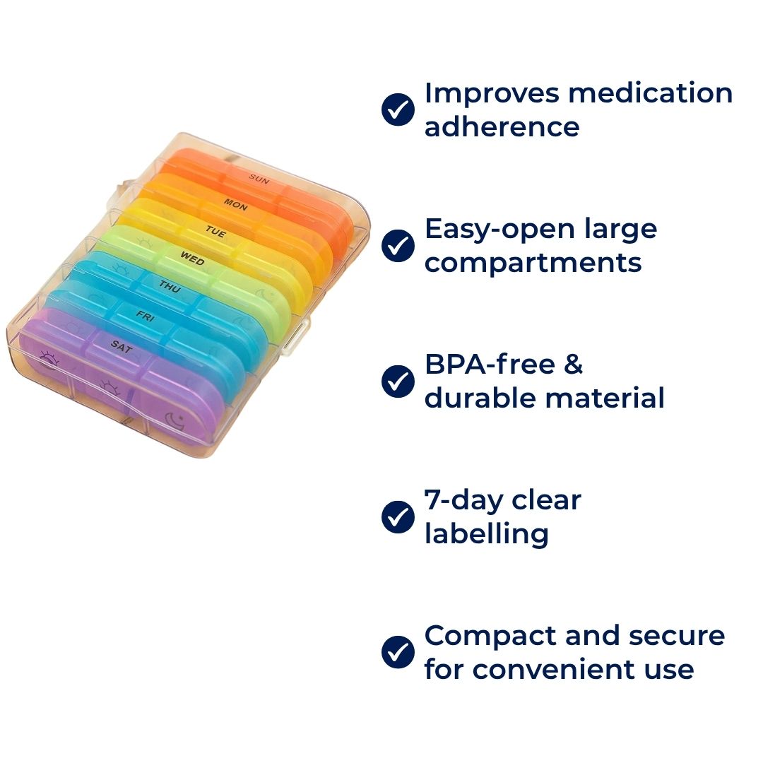 MediTrack | Ukentlig Pilleorganisator – Forbedrer Medisinoverholdelse - Enkel-åpne Store Rom – BPA-fri Holdbar – Reise & Seniors Luvikno