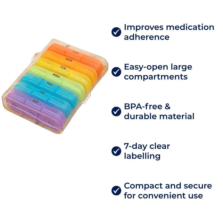 MediTrack | Ukentlig Pilleorganisator – Forbedrer Medisinoverholdelse - Enkel-åpne Store Rom – BPA-fri Holdbar – Reise & Seniors Luvikno