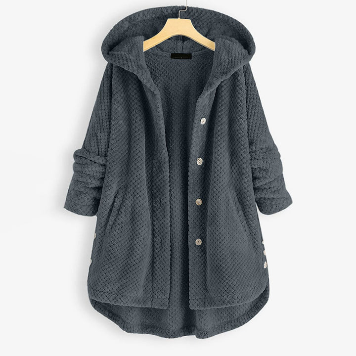 Puolipitkä, käännettävä fleece-takki hupulla talveksi