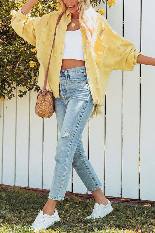 Luvik | Käänteinen Pitkähiha Repaleinen Farkkutakki