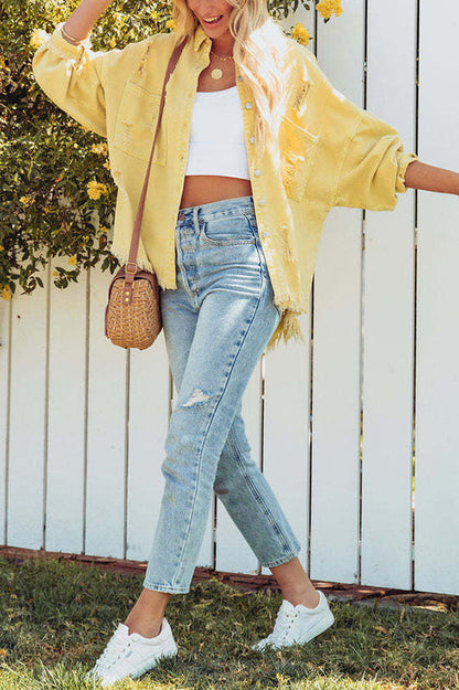 Luvik | Käänteinen Pitkähiha Repaleinen Farkkutakki