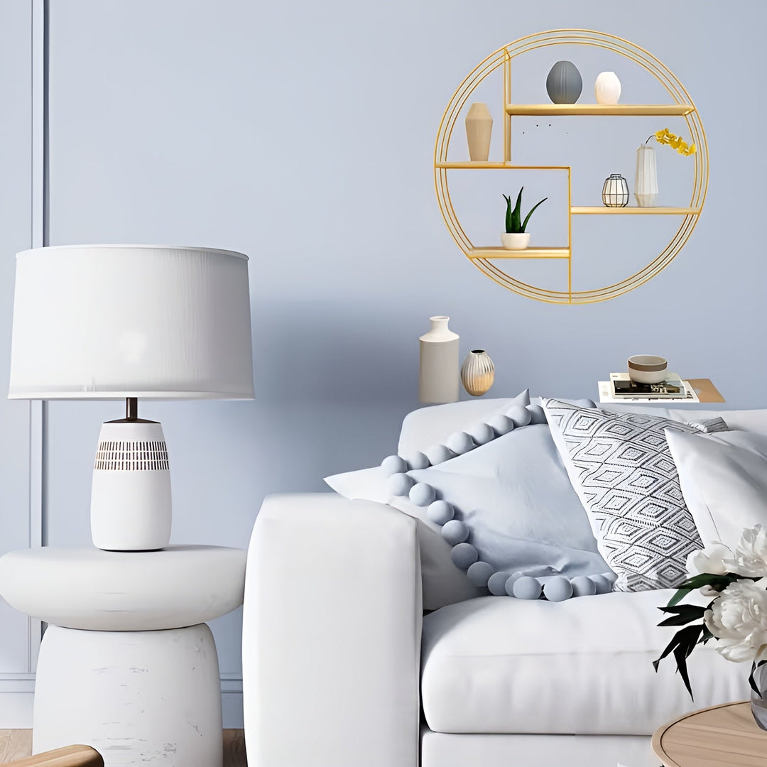 Rund Vegg hylle med 4 nivåer - Retro design laget av tre og metall | Dekorativ hengende hylle for stue, bad og soverom | Luvikno