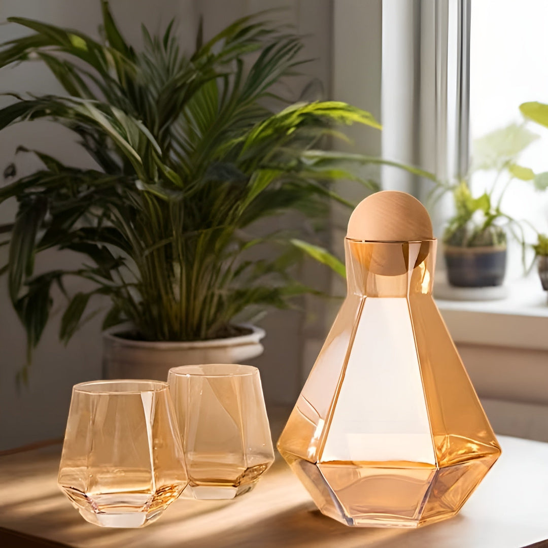 Diamant glass bilkarafels sett med 4 glass – moderne og dekorativ | 5-delt sett med lokk for vann, juice og vin | Luvikno
