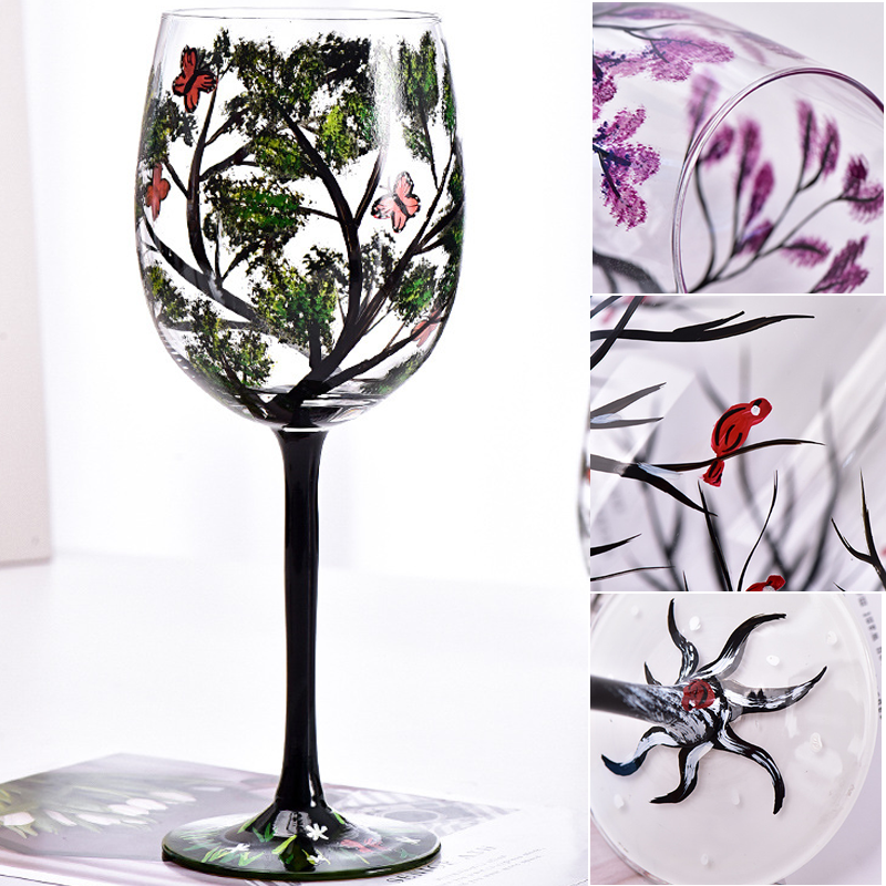 Fire Seasons Tree Vin Glass - Håndmalt Kunst | Luvikno