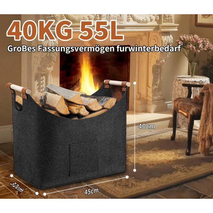 Luvikno | Filt loggkurv FELDURA | Sammenleggbar | 55L volum | Med trehåndtak & lærdetaljer | Mørk grå