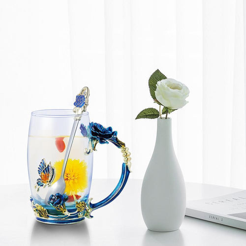 Emalje Rose Glass Tekopp Sett (Med Skje) | Luvikno