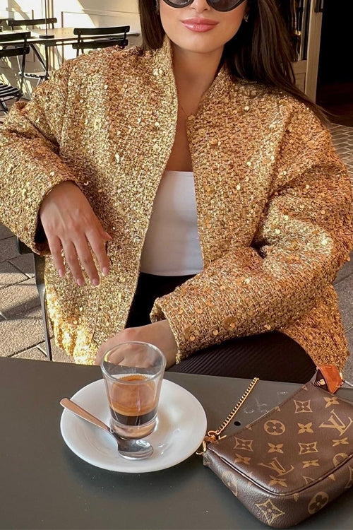 Luvik | Pystykauluksen vetoketjulla varustettu taskujakku, jossa on paljetteja