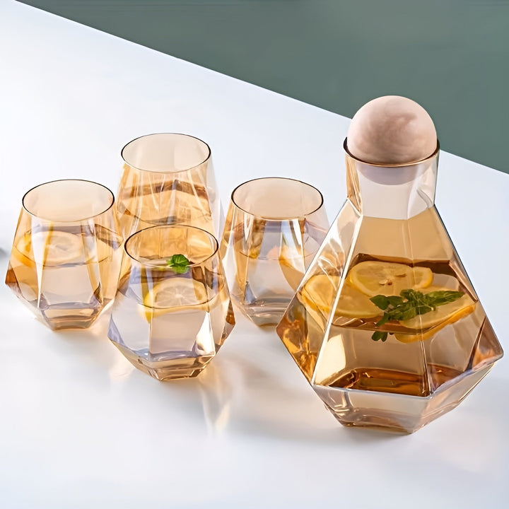 Diamant glass bilkarafels sett med 4 glass – moderne og dekorativ | 5-delt sett med lokk for vann, juice og vin | Luvikno