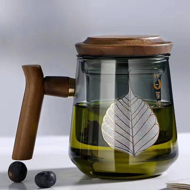 Premium Glass Tea Cup with Filter and Wooden Handle, 470ml | Luvikno