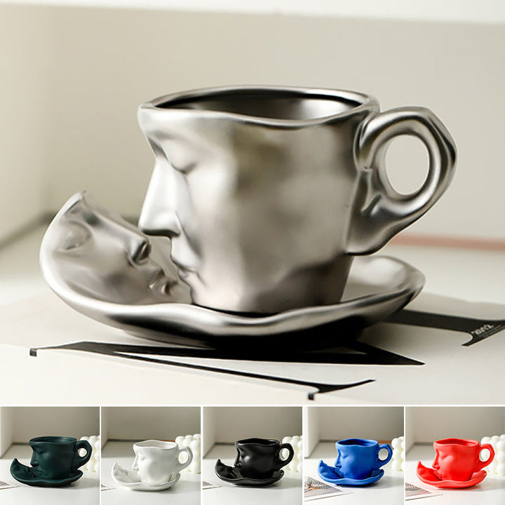 Metall Berørende Ansikt Kreativ Keramikk Kyss Kaffe Kopp, Kunstnerisk Stemning Mugge & Underkop Sett | Luvikno