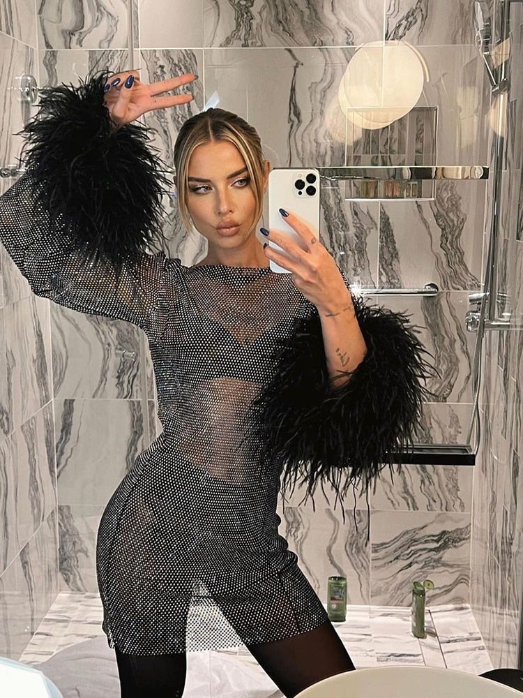 Luvik | Höyhenkoristeltu läpinäkyvä juhlapuku