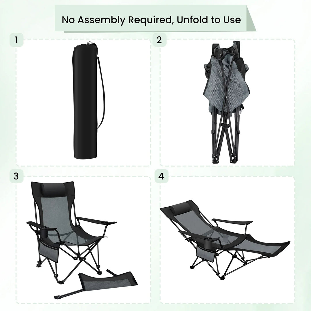 Luvikno | CAMPURE Relax Lounge Chair | Justerbar & Sammenleggbar | Med Fotstøtte | Ultra-Lett & Bærbar – Svart/Grå