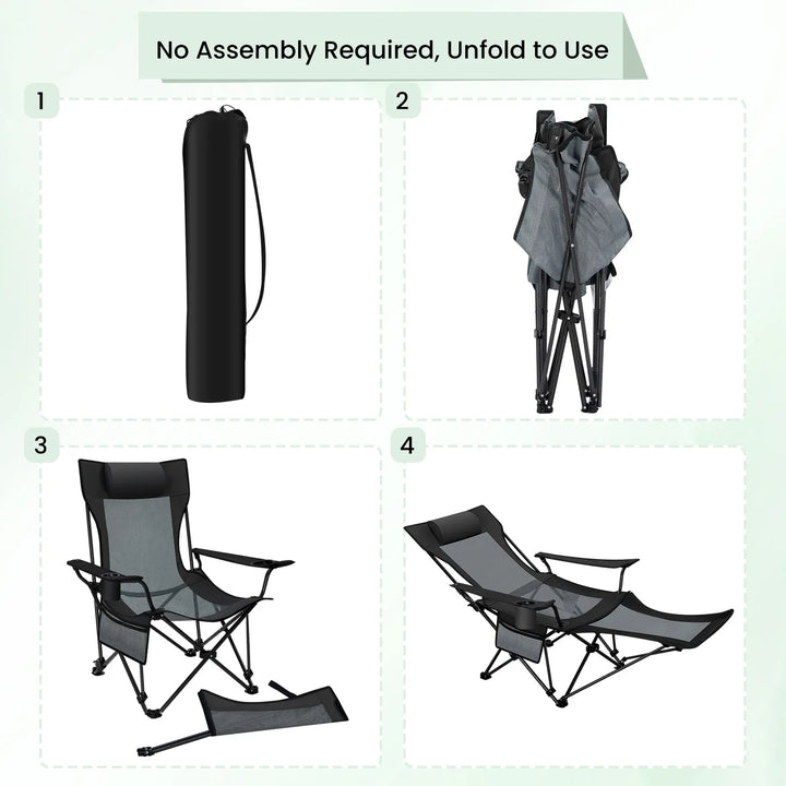Luvikno | CAMPURE Relax Lounge Chair | Justerbar & Sammenleggbar | Med Fotstøtte | Ultra-Lett & Bærbar – Svart/Grå