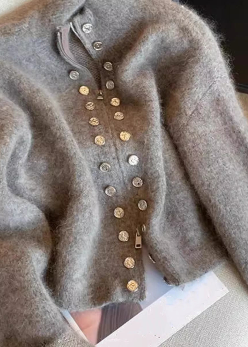 Luvik | Harmaa kaksinkertaisesti silitetty vetoketjullinen neuletakki