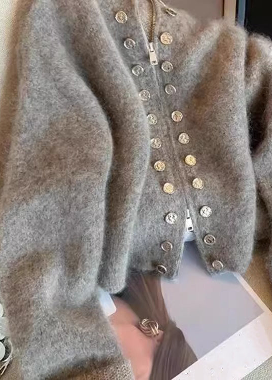 Luvik | Harmaa kaksinkertaisesti silitetty vetoketjullinen neuletakki