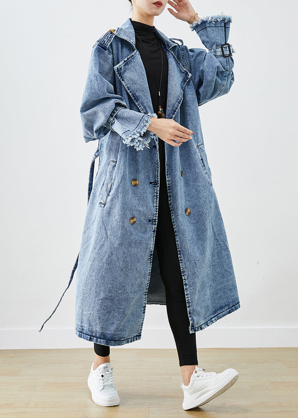 Luvik | Lyseblå Revers Dobbel bryst Denim Trenchcoat