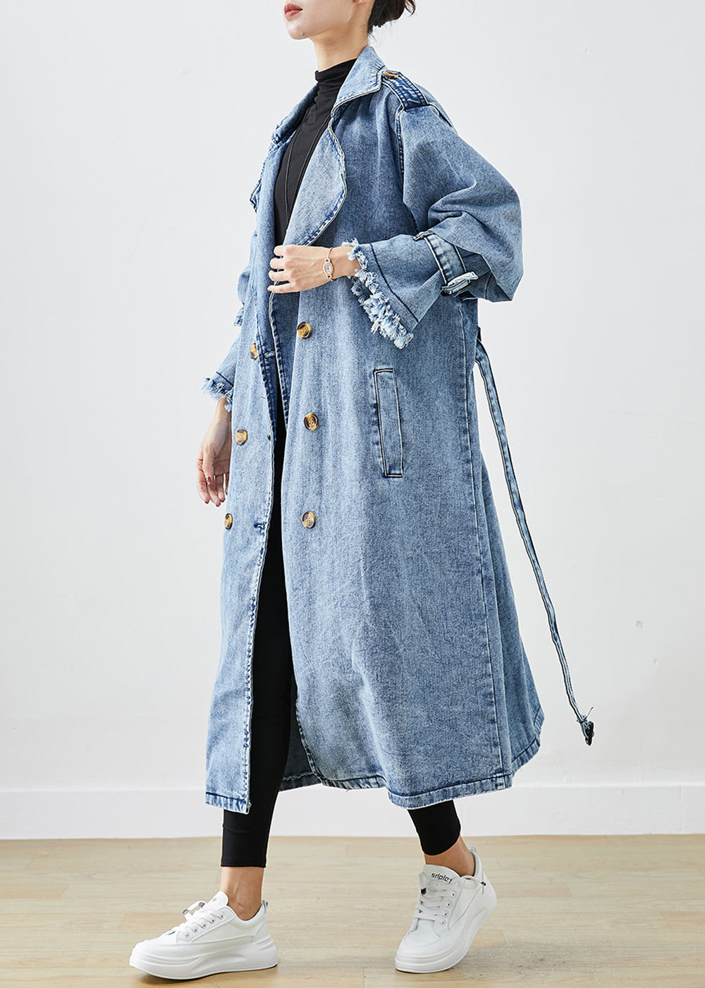Luvik | Lyseblå Revers Dobbel bryst Denim Trenchcoat