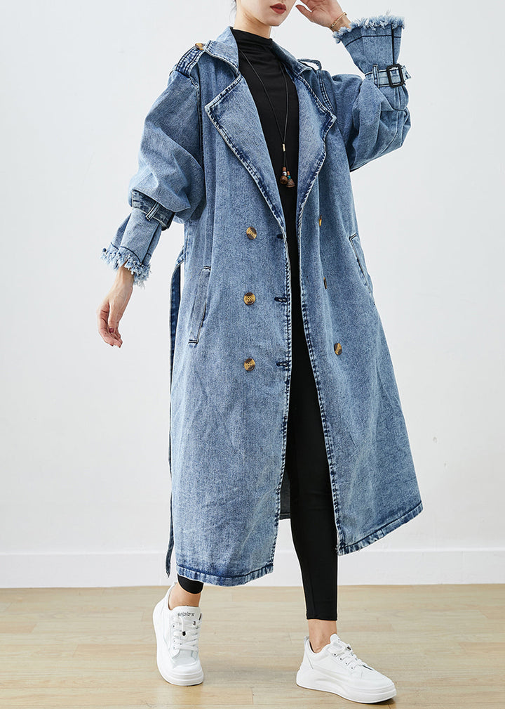 Luvik | Lyseblå Revers Dobbel bryst Denim Trenchcoat